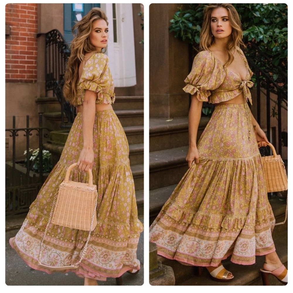 Spell & gypsy dahlia skirt set crop and top green floral